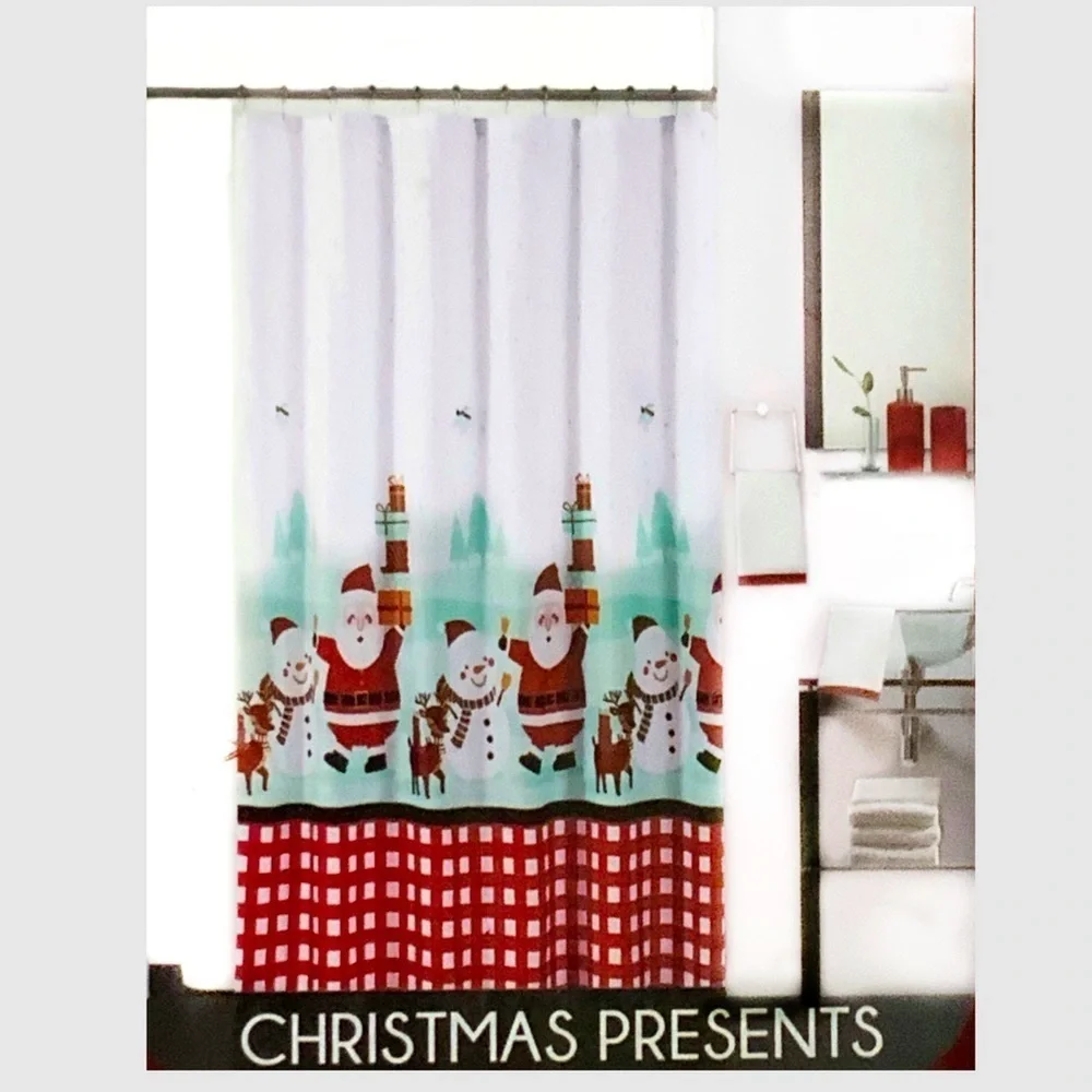 Holiday Bath Set Fabric Shower Curtain Christmas Santa Presents And Accessories